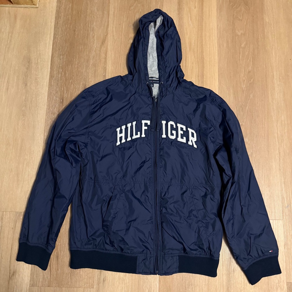 Tommy Hilfiger Mens XL Navy Blue Spellout Logo Hooded Windbreaker Jacket